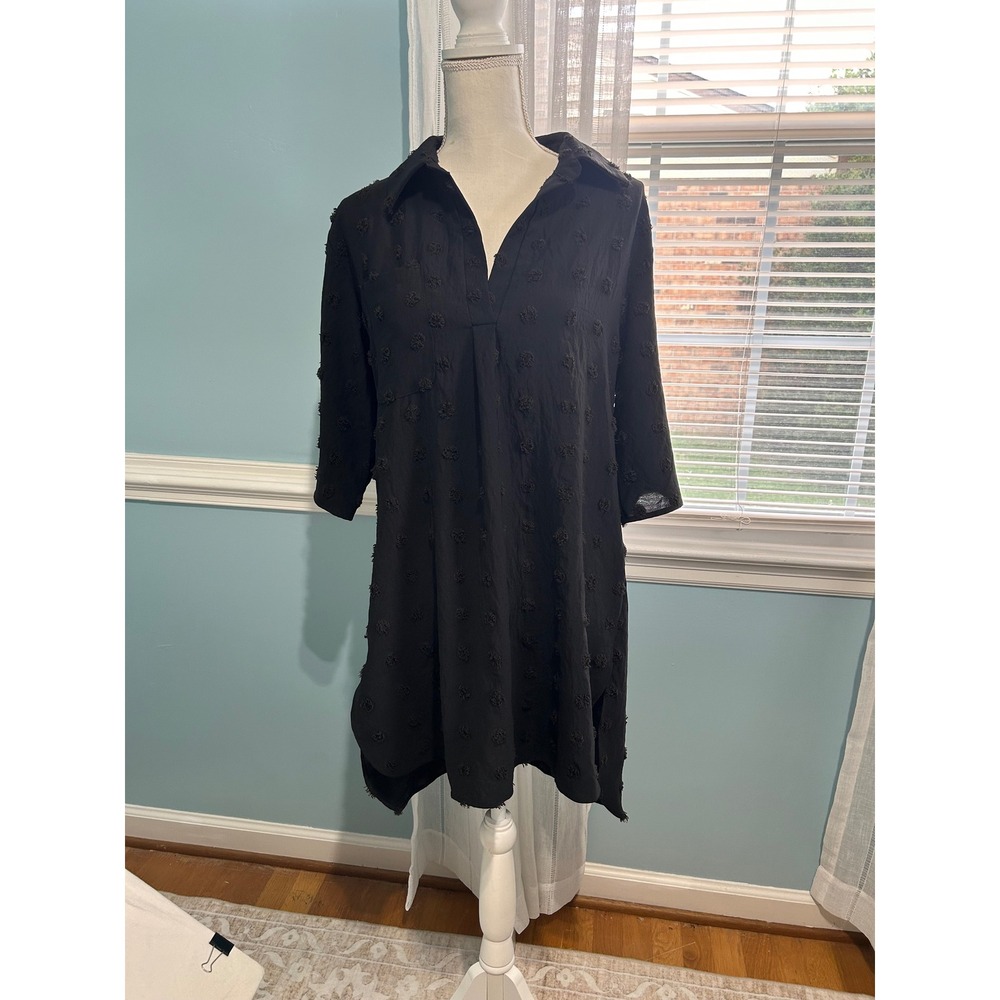 Blooming Jelly Black Clip Dot Tunic Shirt-Dress V-Neck Roll Tab Sleeve Medium
